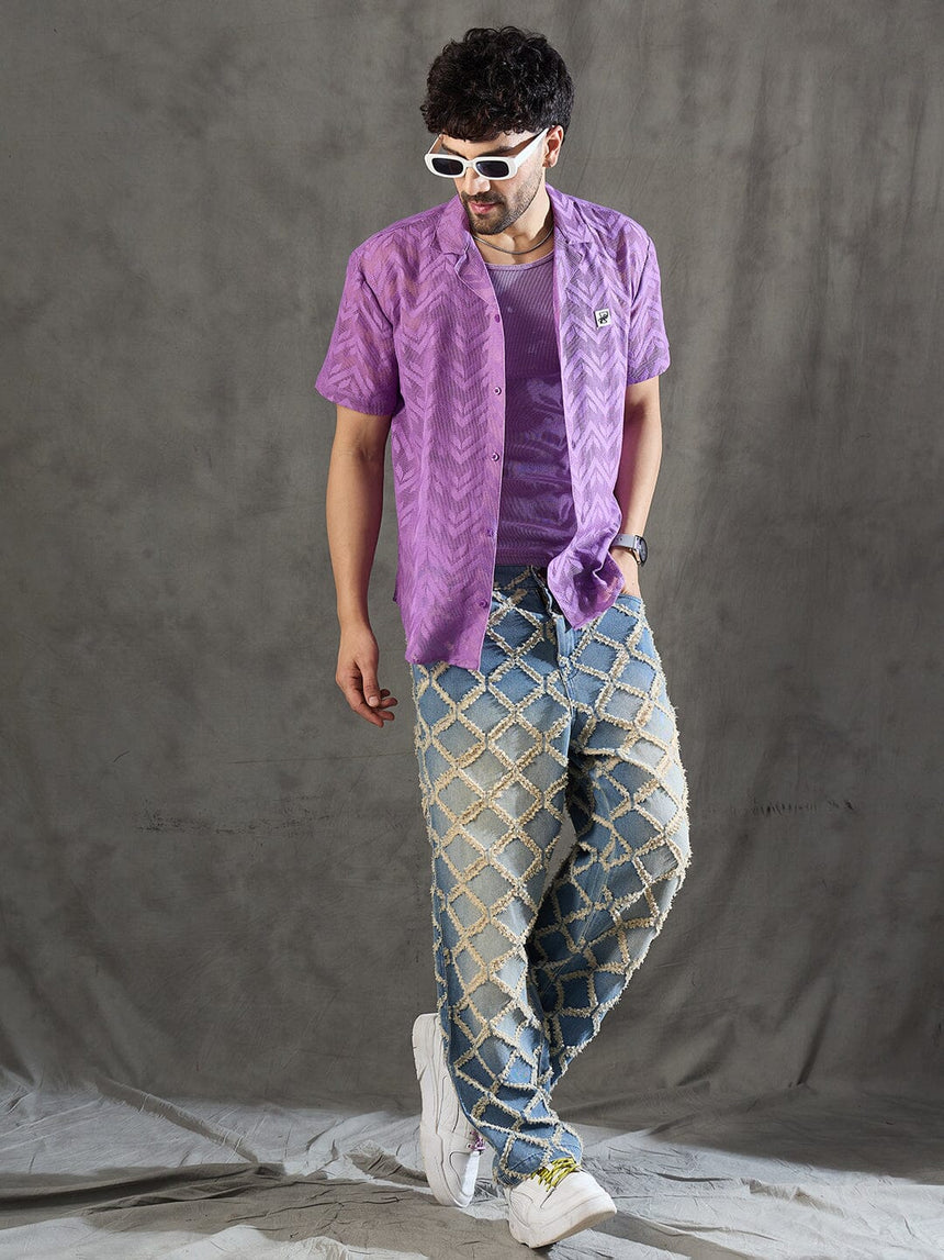 Violet Dyed Lace Cuban Shirt With Muscle Fit Vest Shirts Fugazee