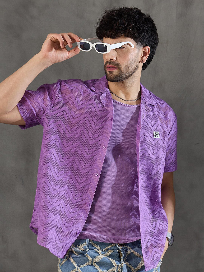 Violet Dyed Lace Cuban Shirt With Muscle Fit Vest Shirts Fugazee