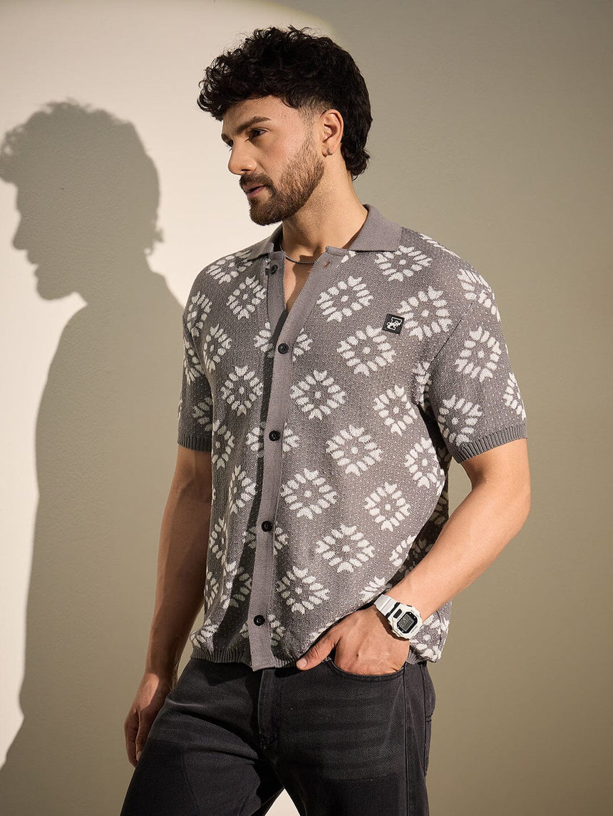 Grey Patterned Knitted Shirt Shirts Fugazee