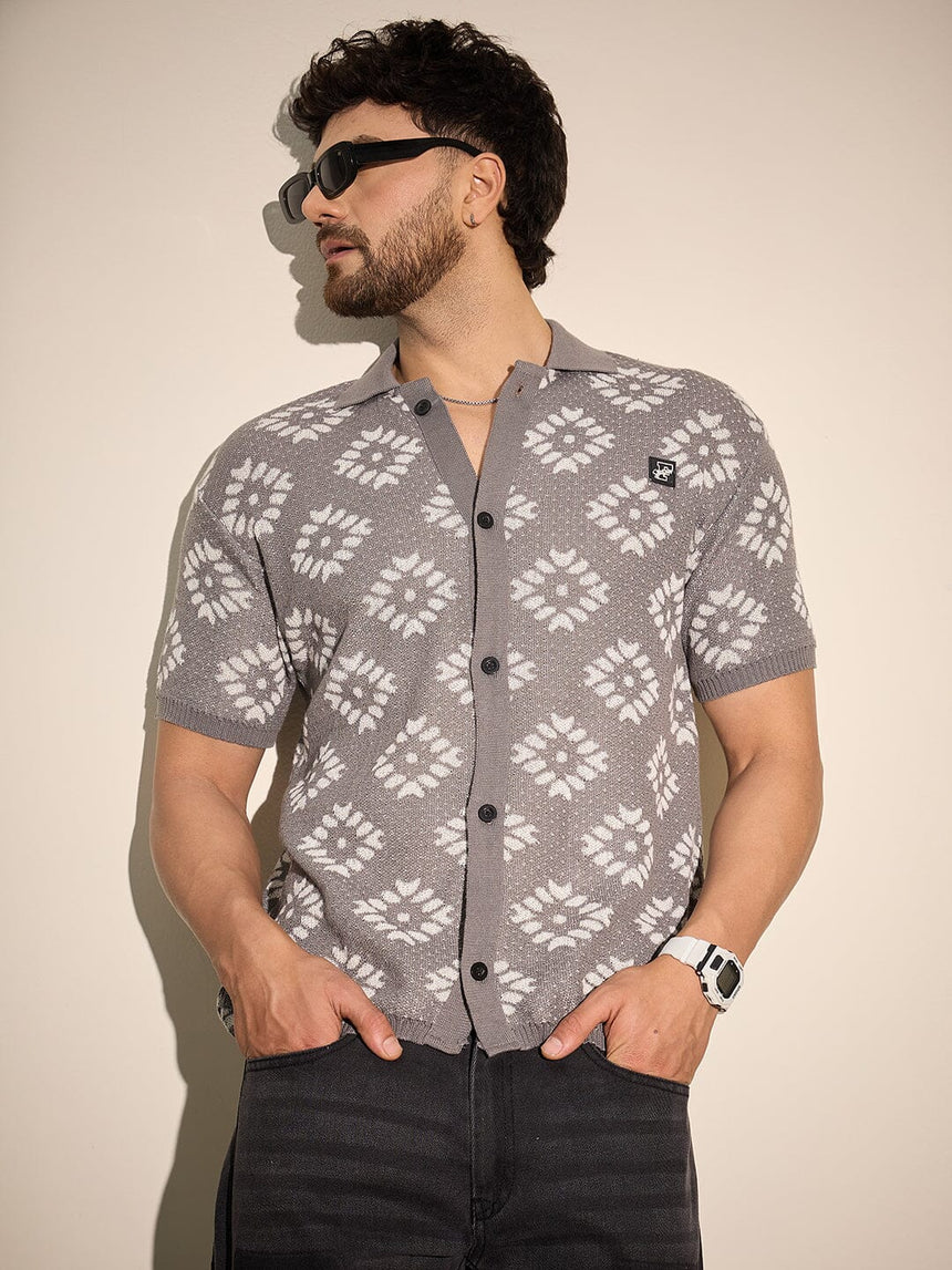 Grey Patterned Knitted Shirt Shirts Fugazee