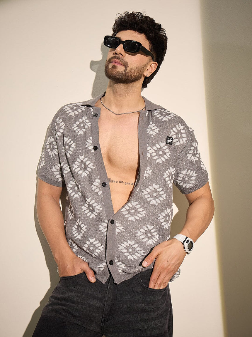 Grey Patterned Knitted Shirt Shirts Fugazee