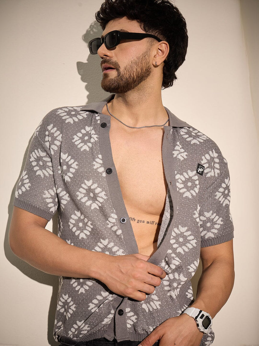 Grey Patterned Knitted Shirt Shirts Fugazee