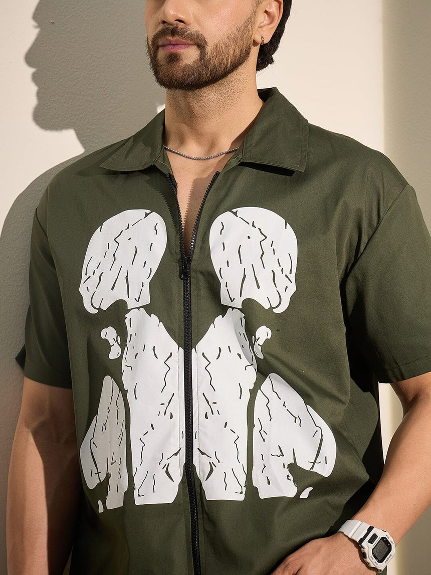 Olive Cracked Body Graphic Zipped Shirt Shirts Fugazee