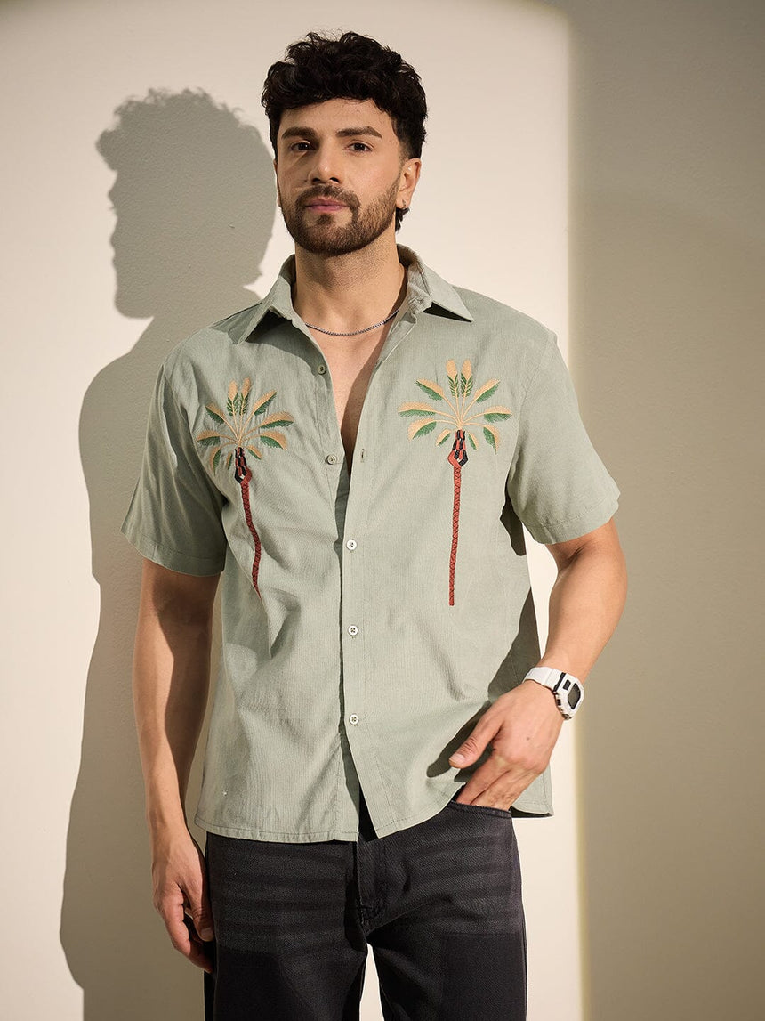 Sage Palm Embroidery Corduroy Shirt Shirts Fugazee