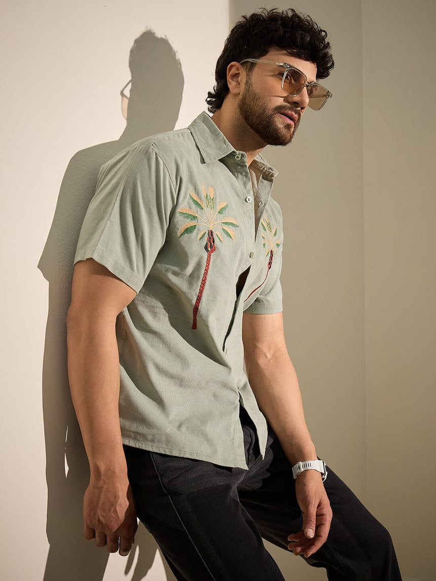 Sage Palm Embroidery Corduroy Shirt Shirts Fugazee
