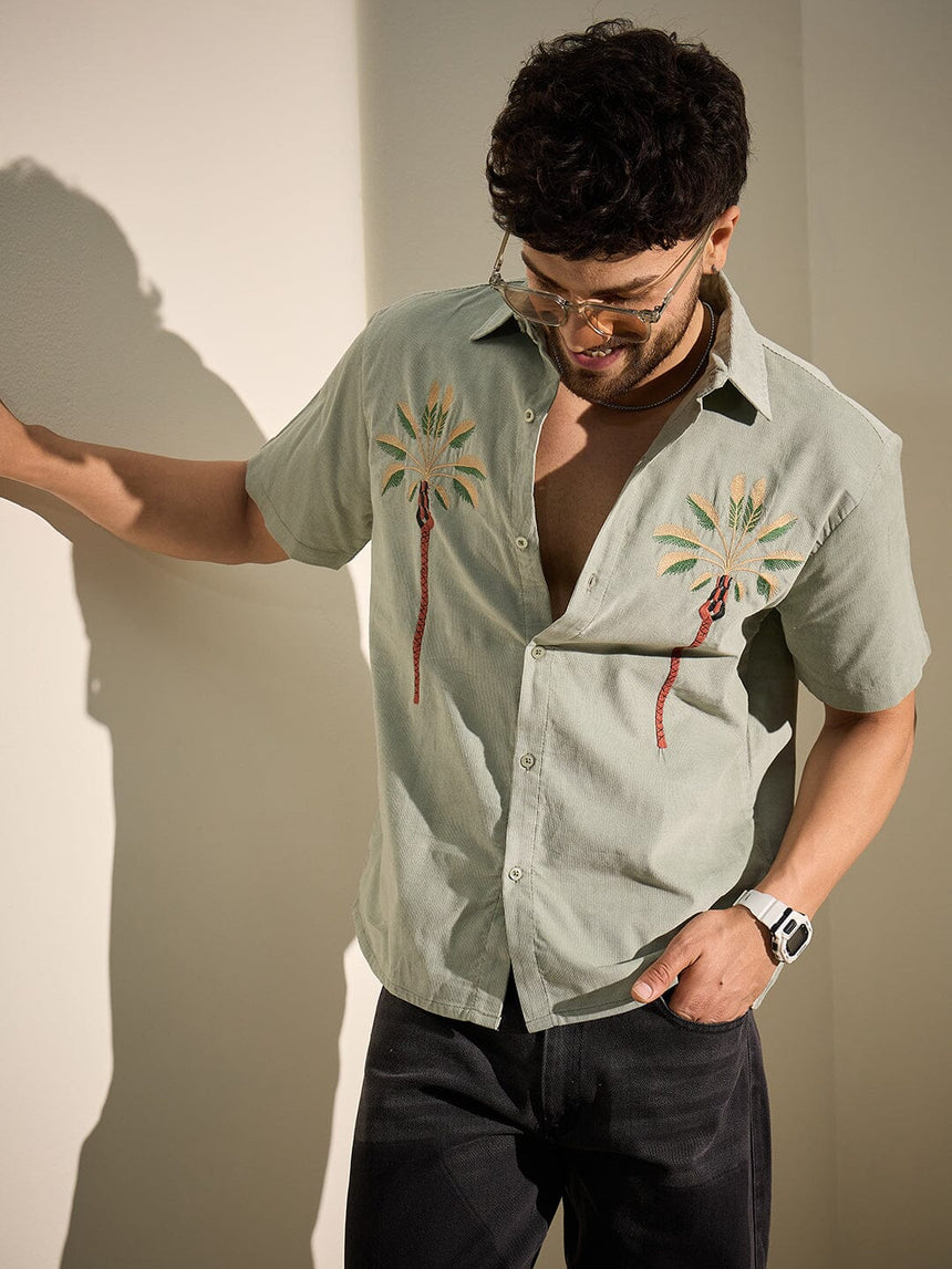 Sage Palm Embroidery Corduroy Shirt Shirts Fugazee