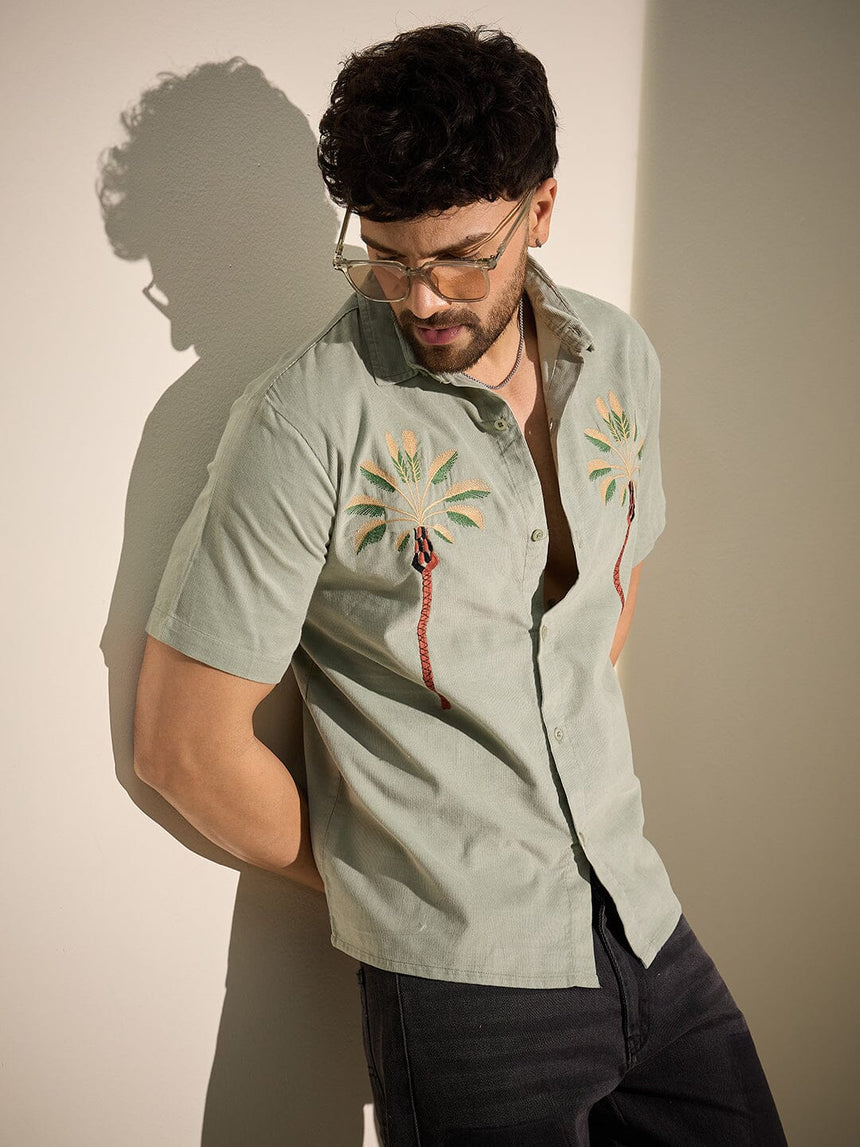 Sage Palm Embroidery Corduroy Shirt Shirts Fugazee