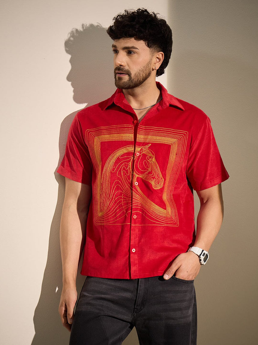 Red Corduroy Horse Embroidery Shirt Shirts Fugazee