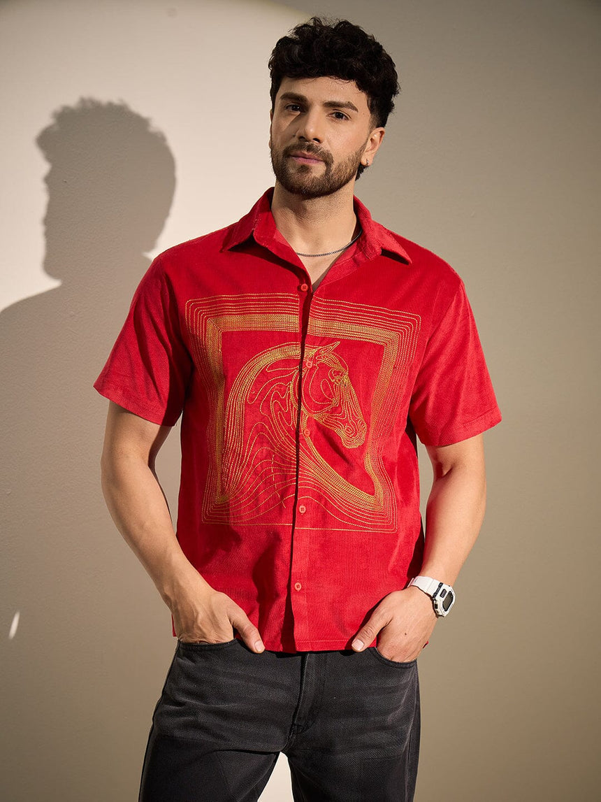Red Corduroy Horse Embroidery Shirt Shirts Fugazee