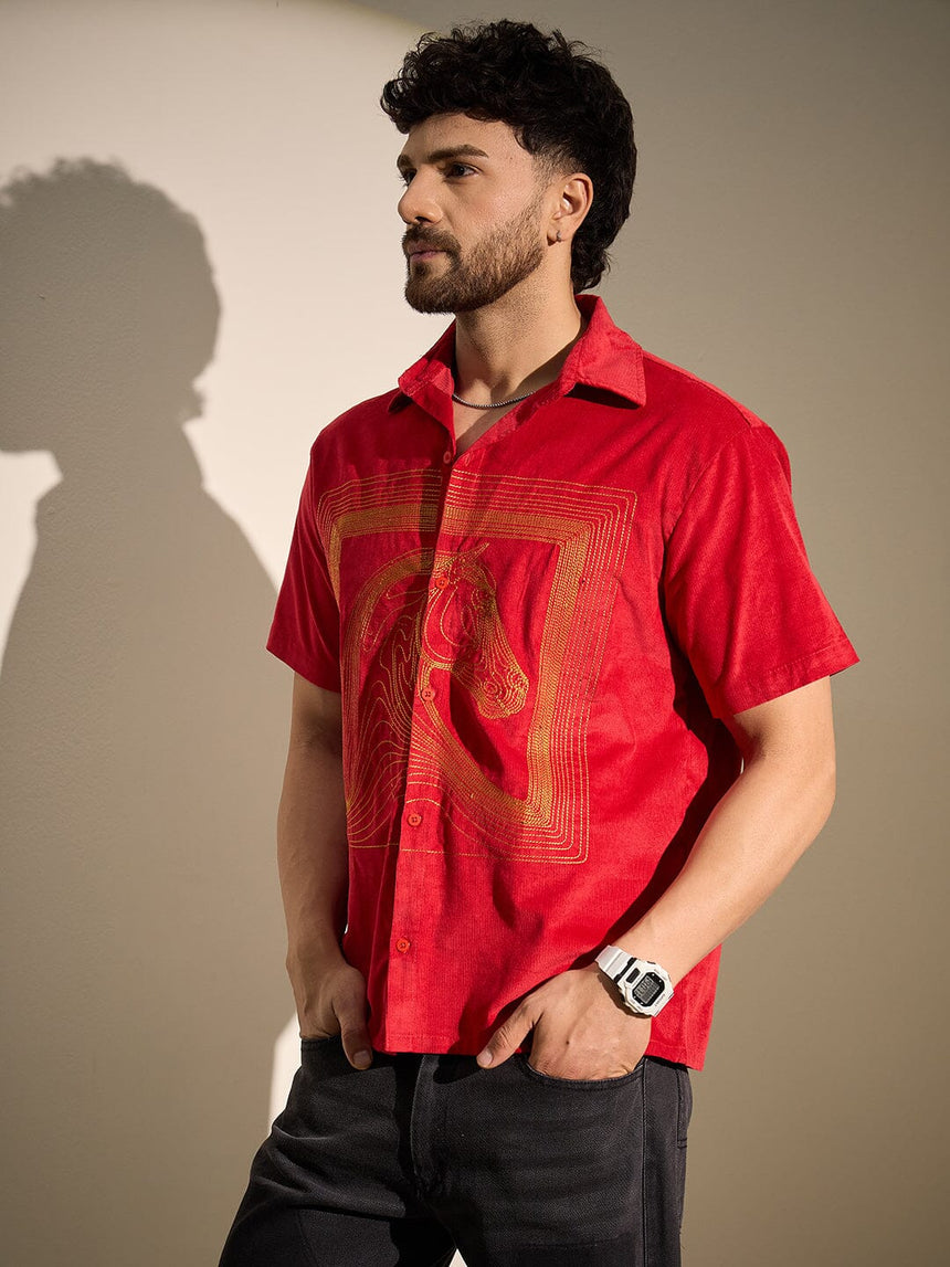 Red Corduroy Horse Embroidery Shirt Shirts Fugazee