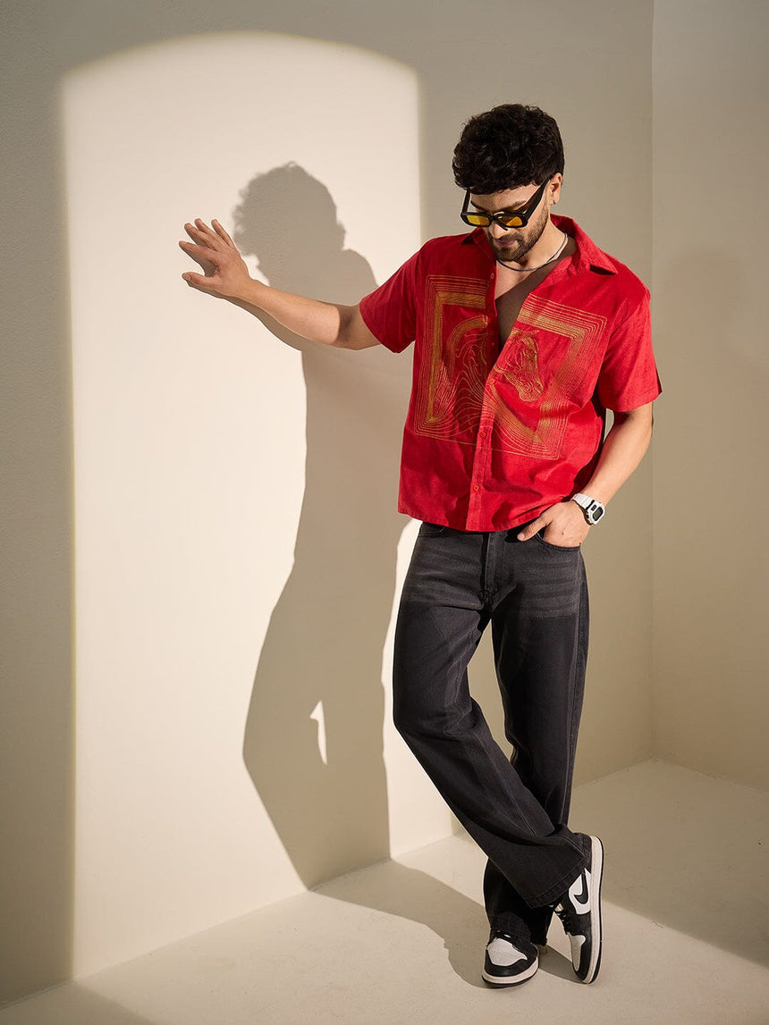 Red Corduroy Horse Embroidery Shirt Shirts Fugazee