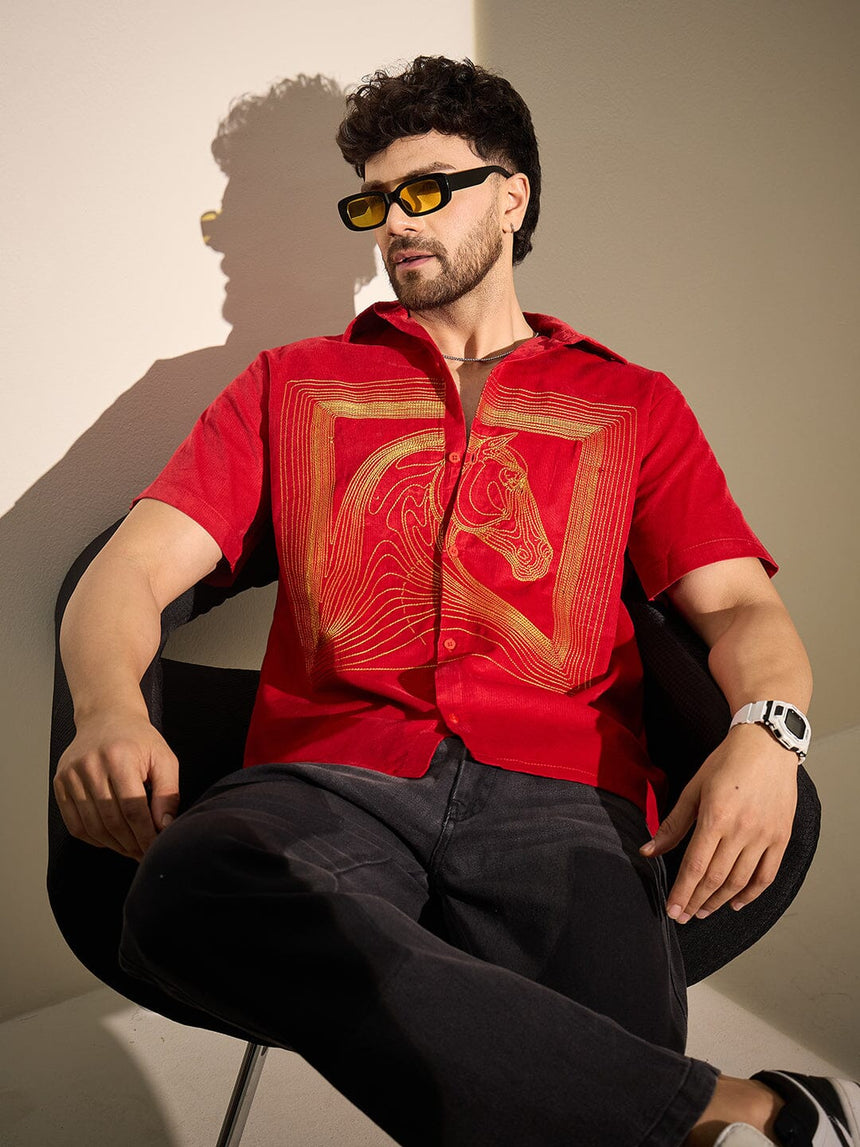 Red Corduroy Horse Embroidery Shirt Shirts Fugazee