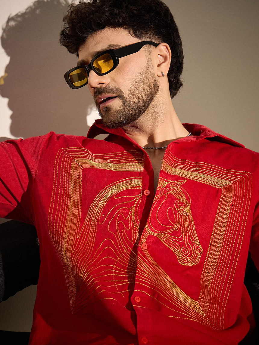 Red Corduroy Horse Embroidery Shirt Shirts Fugazee