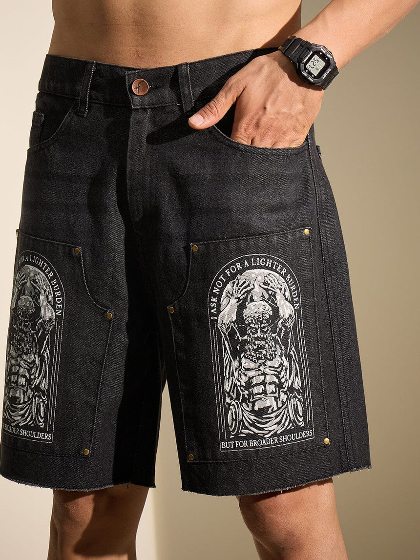 Black Printed Carpenter Denim Shorts Shorts Fugazee