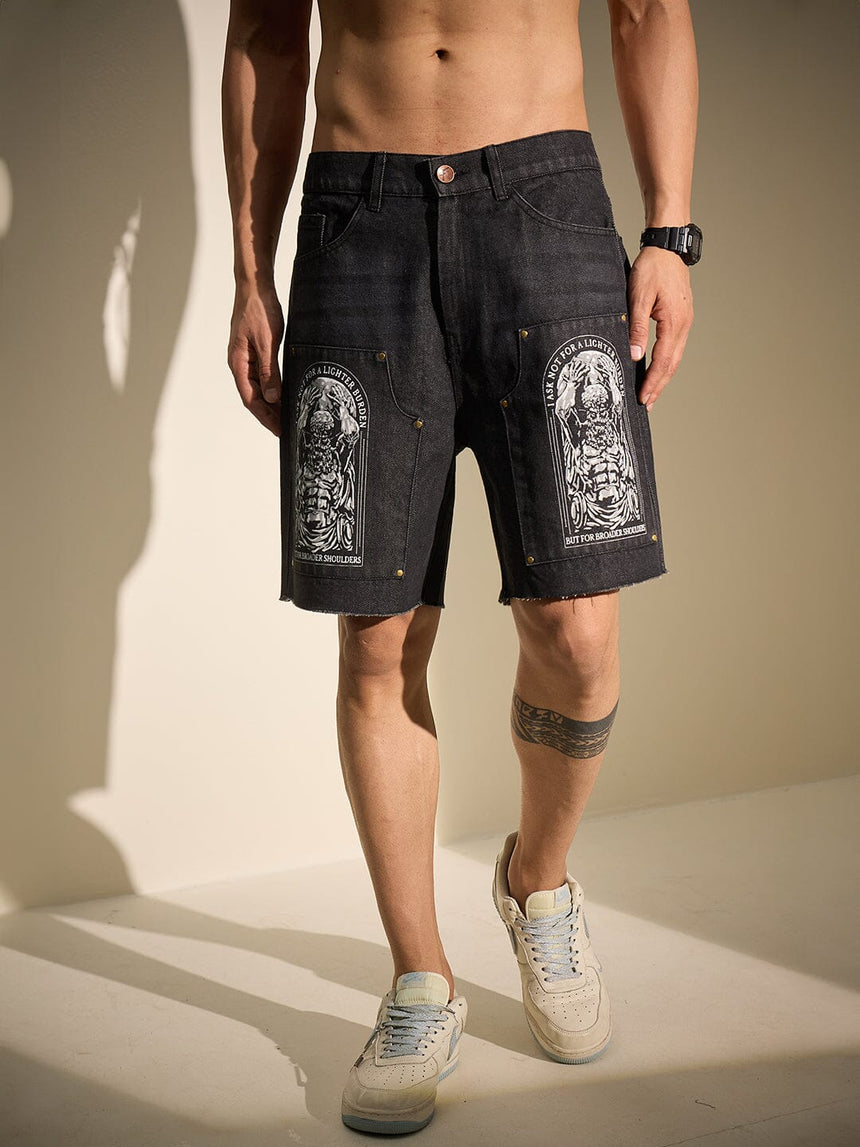 Black Printed Carpenter Denim Shorts Shorts Fugazee