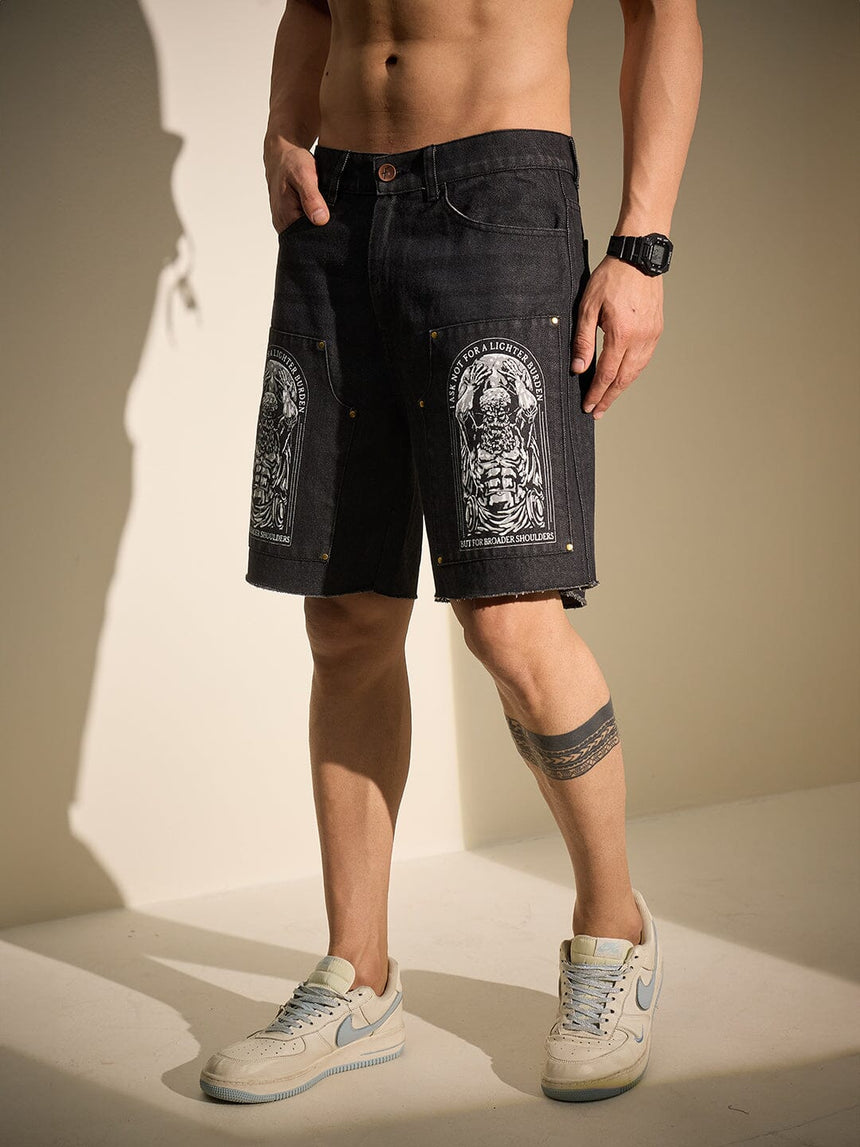 Black Printed Carpenter Denim Shorts Shorts Fugazee