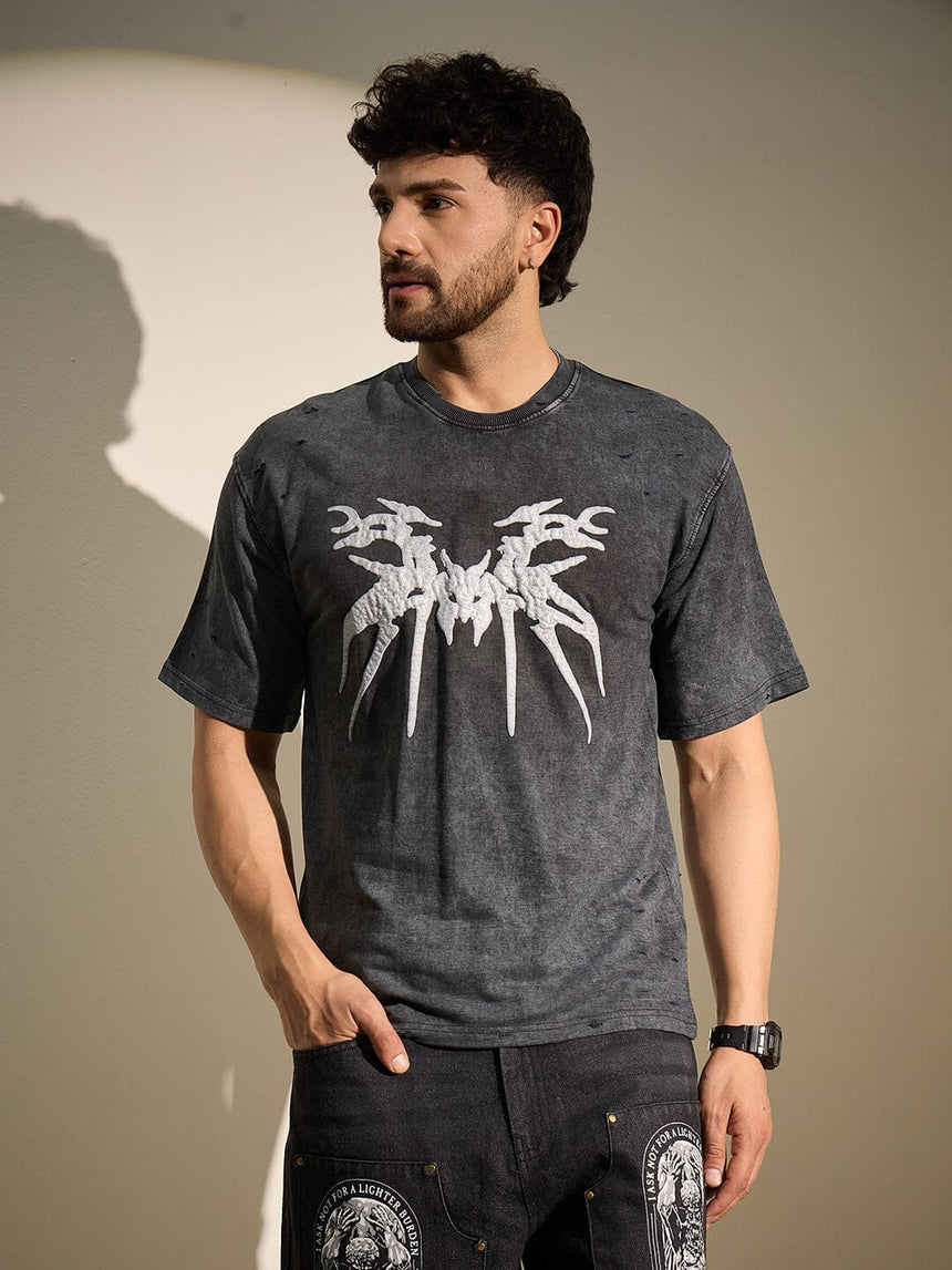Charcoal Washed Bat Graphic Oversized Tshirt T-Shirts Fugazee