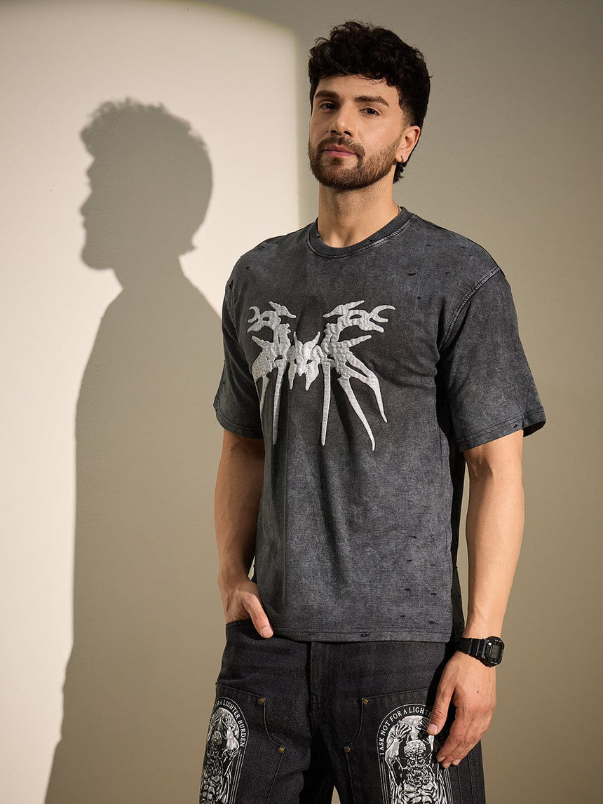 Charcoal Washed Bat Graphic Oversized Tshirt T-Shirts Fugazee