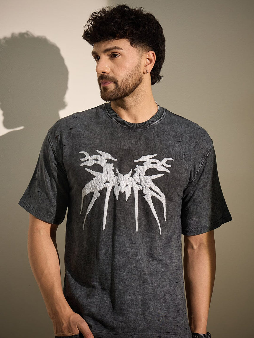 Charcoal Washed Bat Graphic Oversized Tshirt T-Shirts Fugazee