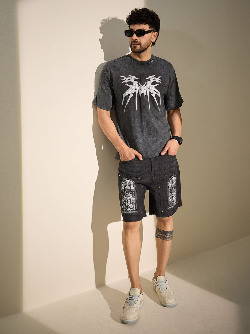 Black Printed Carpenter Denim Shorts Shorts Fugazee
