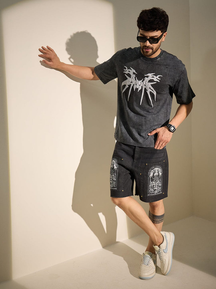 Charcoal Washed Bat Graphic Oversized Tshirt T-Shirts Fugazee