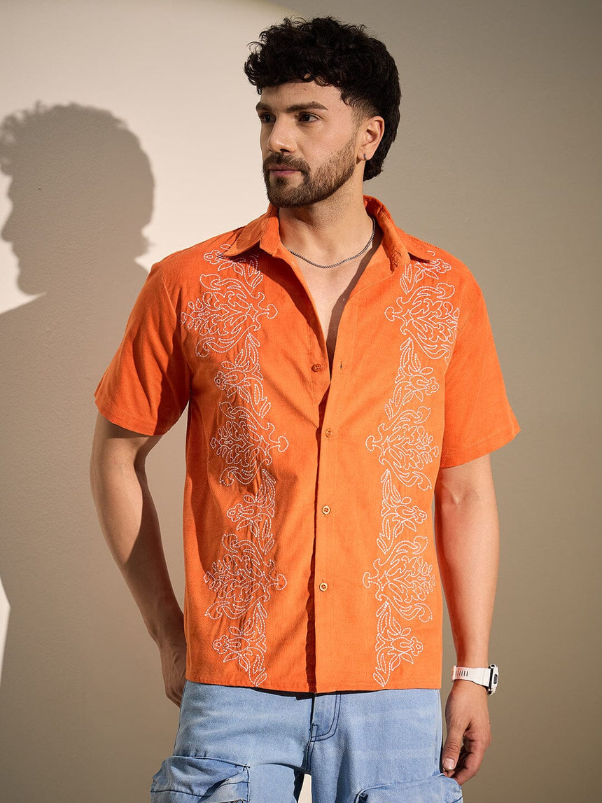 Orange Baroque Embroidery Cuban Corduroy Shirt Shirts Fugazee