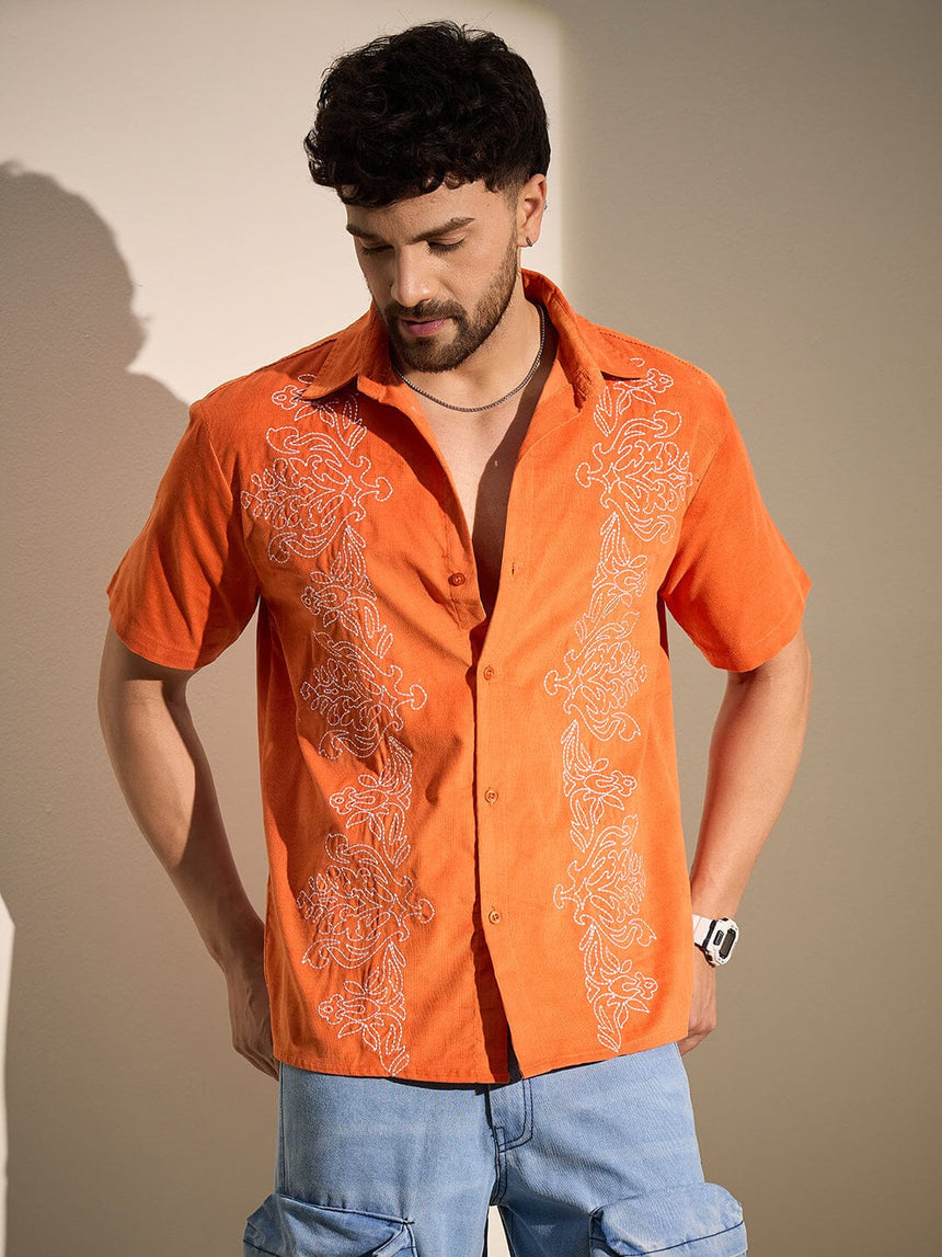 Orange Baroque Embroidery Cuban Corduroy Shirt Shirts Fugazee