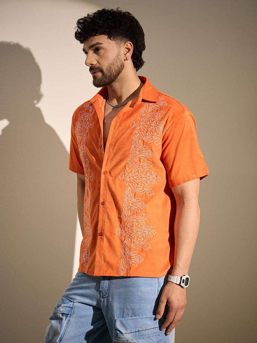 Orange Baroque Embroidery Cuban Corduroy Shirt Shirts Fugazee