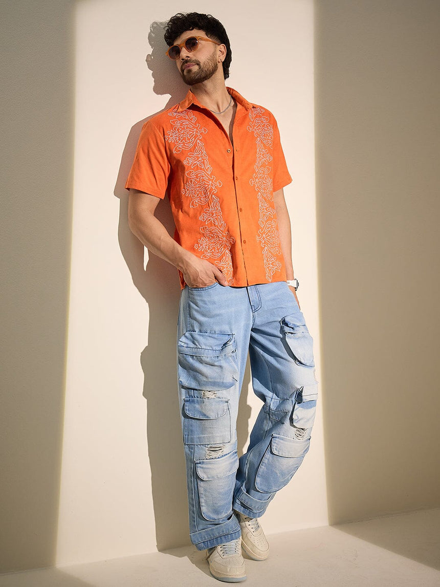 Orange Baroque Embroidery Cuban Corduroy Shirt Shirts Fugazee