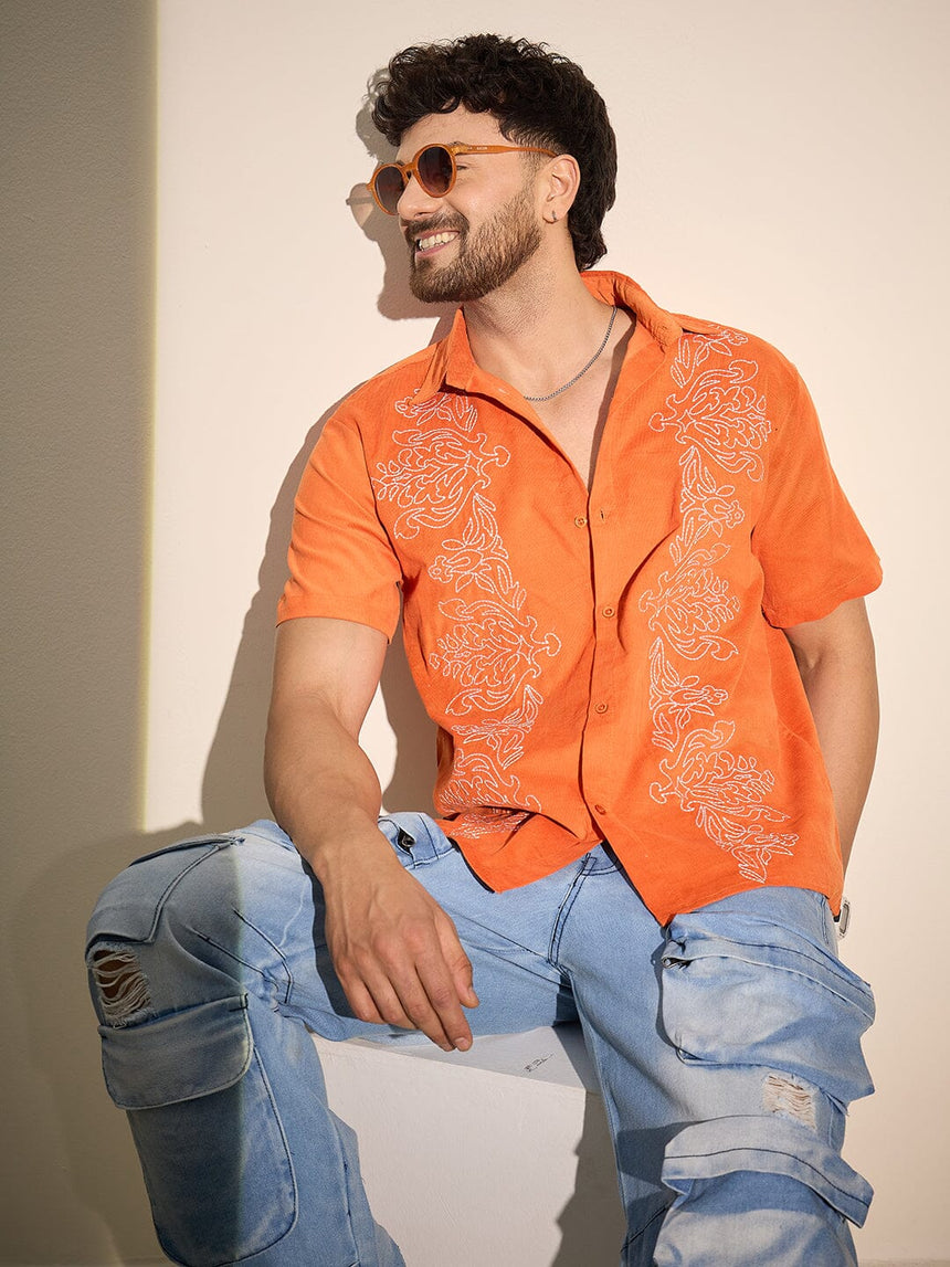 Orange Baroque Embroidery Cuban Corduroy Shirt Shirts Fugazee