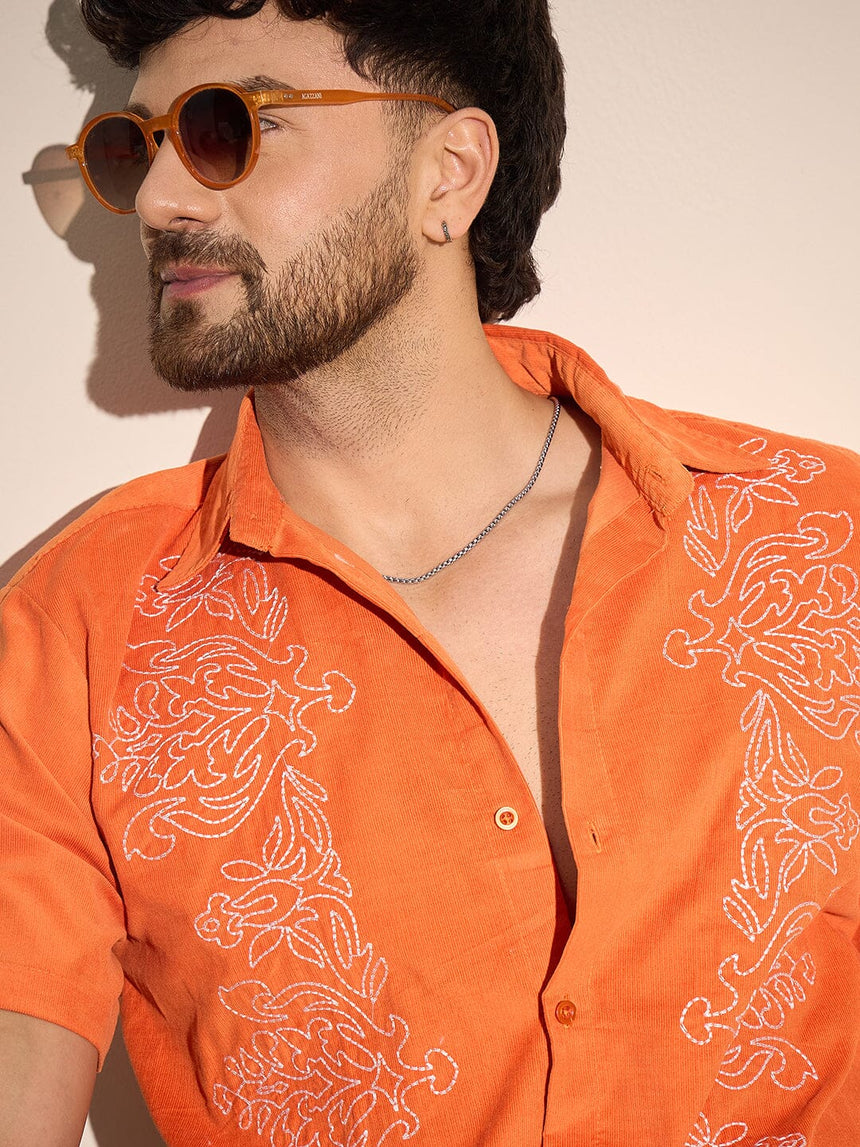 Orange Baroque Embroidery Cuban Corduroy Shirt Shirts Fugazee