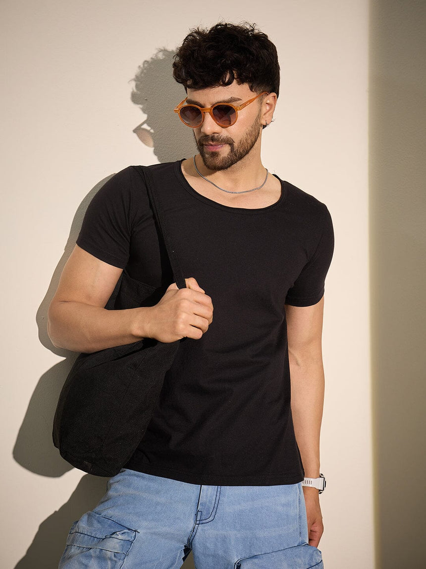 Black Deep Scoop Neck Tee T-Shirts Fugazee