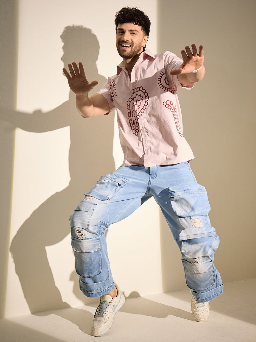 Baby Pink Paisley Embroidery Shirt Shirts Fugazee