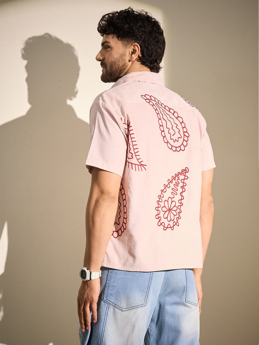 Baby Pink Paisley Embroidery Shirt Shirts Fugazee