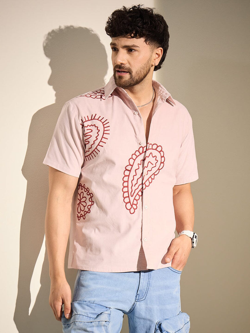 Baby Pink Paisley Embroidery Shirt Shirts Fugazee