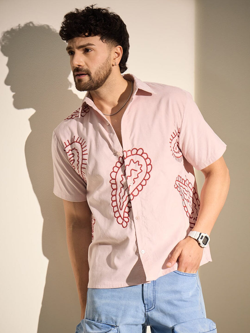 Baby Pink Paisley Embroidery Shirt Shirts Fugazee