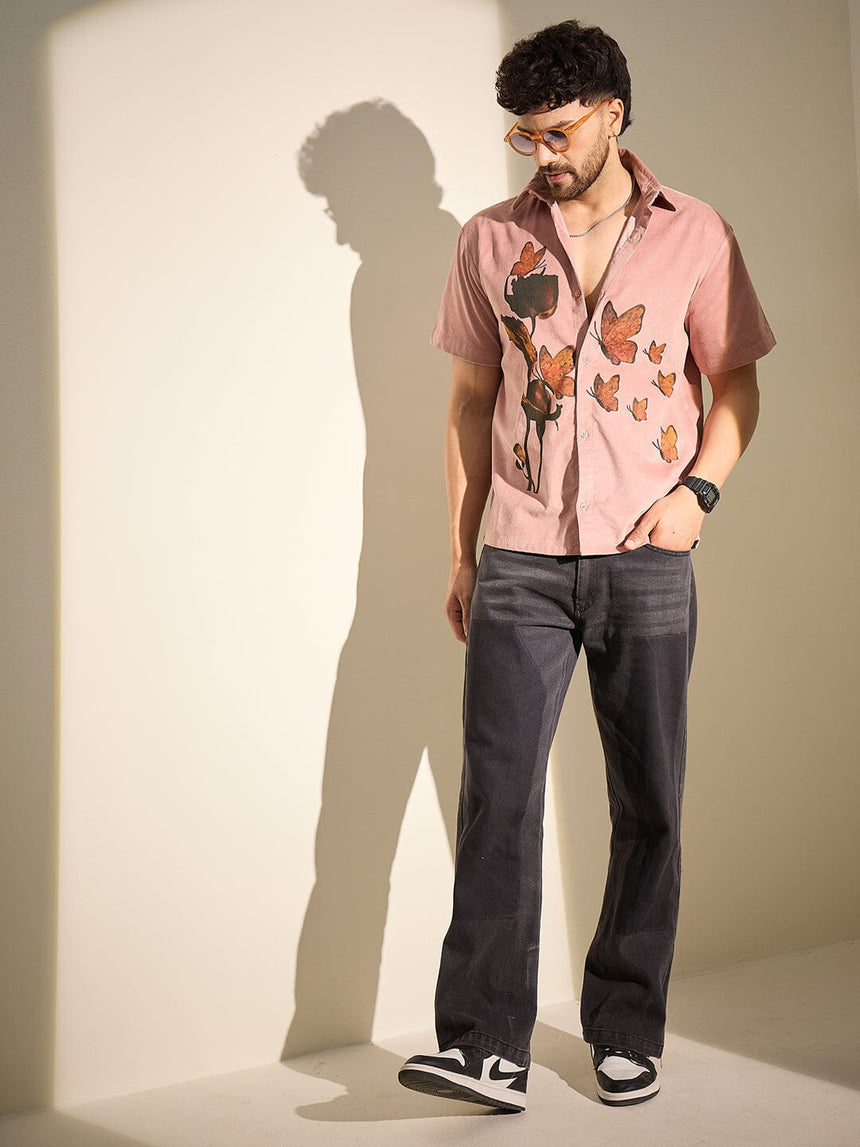 Dusty Coral Rose Graphic Corduroy Shirt Shirts Fugazee