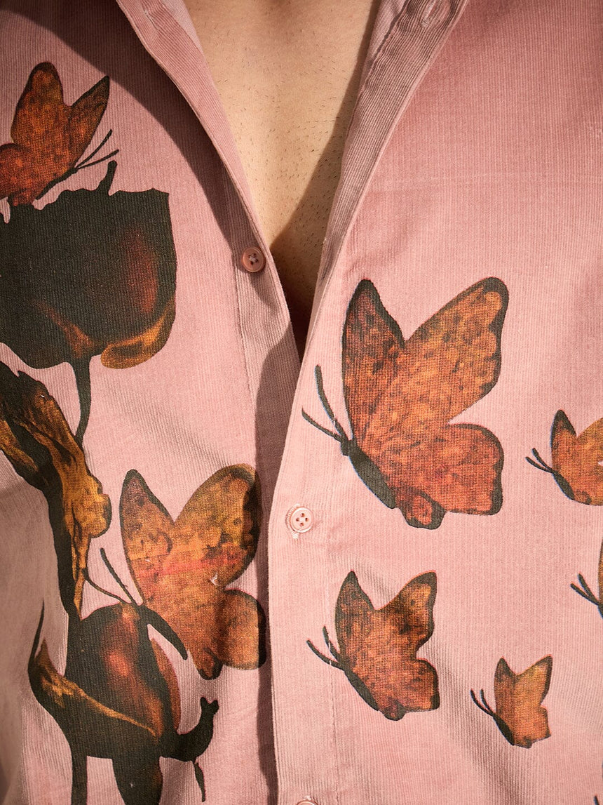 Dusty Coral Rose Graphic Corduroy Shirt Shirts Fugazee