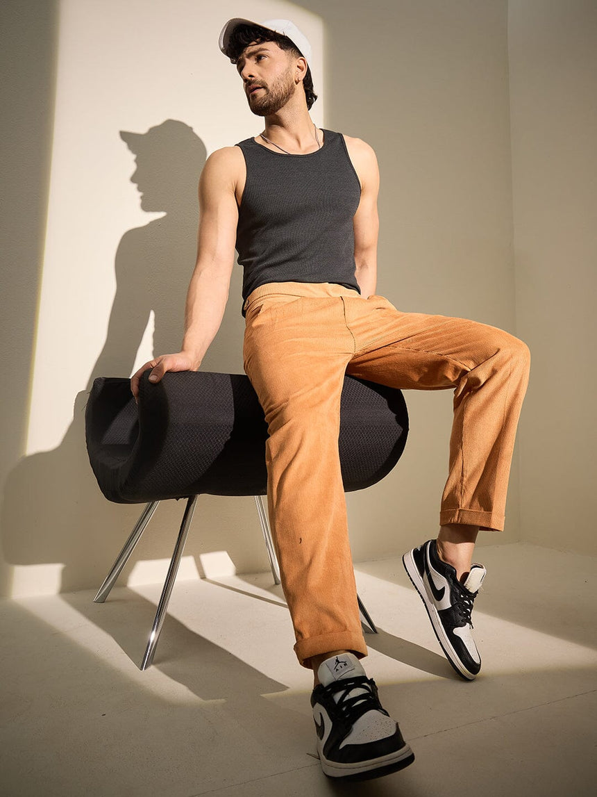 Burnt Mustard Pleated Corduroy Trousers Trousers Fugazee