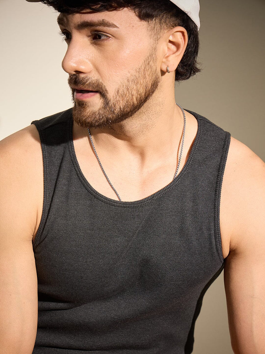 Charcoal Ribbed Muscle Fit Vest T-Shirts Fugazee