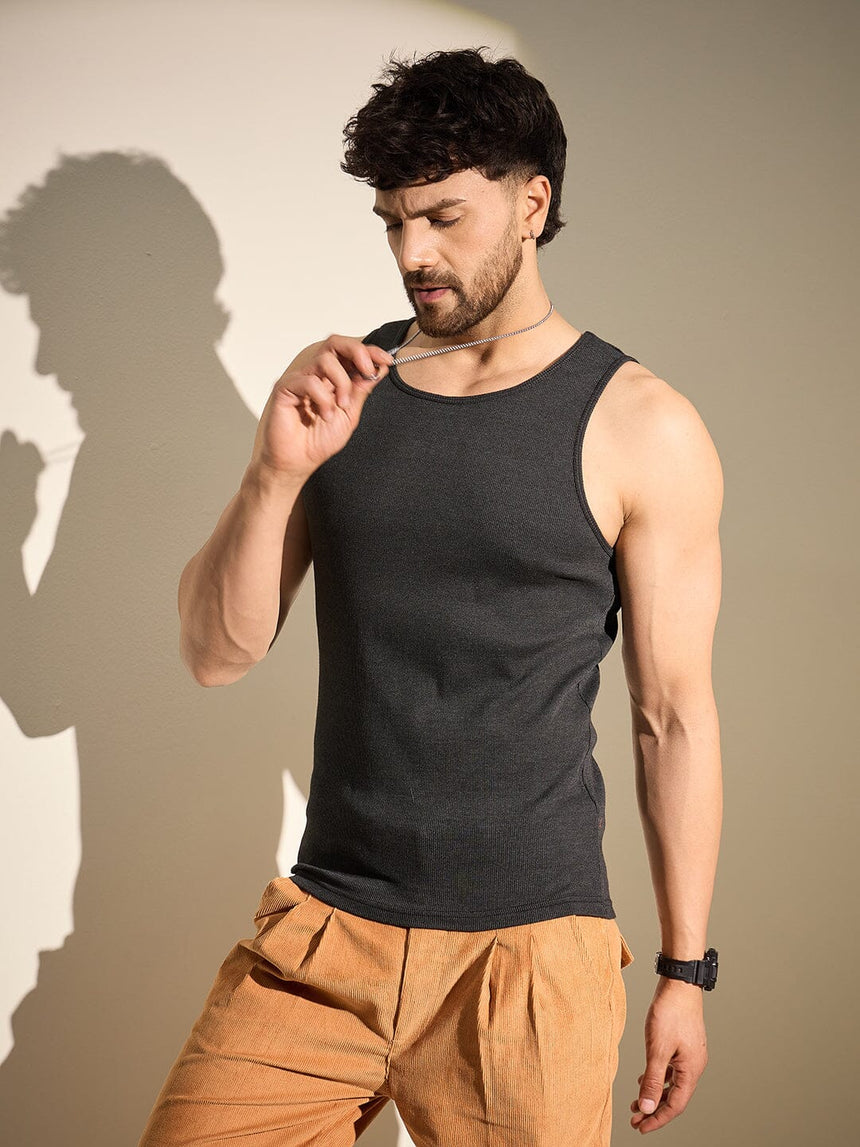 Charcoal Ribbed Muscle Fit Vest T-Shirts Fugazee