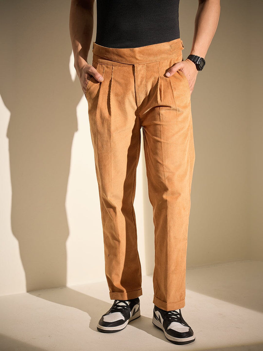 Burnt Mustard Pleated Corduroy Trousers Trousers Fugazee