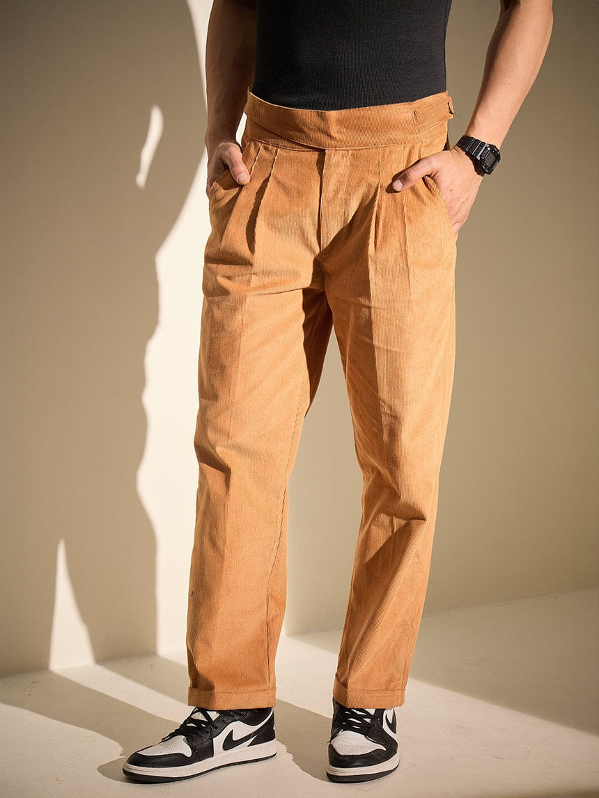 Burnt Mustard Pleated Corduroy Trousers Trousers Fugazee