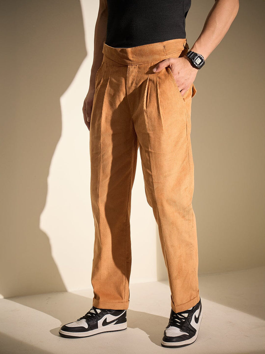 Burnt Mustard Pleated Corduroy Trousers Trousers Fugazee