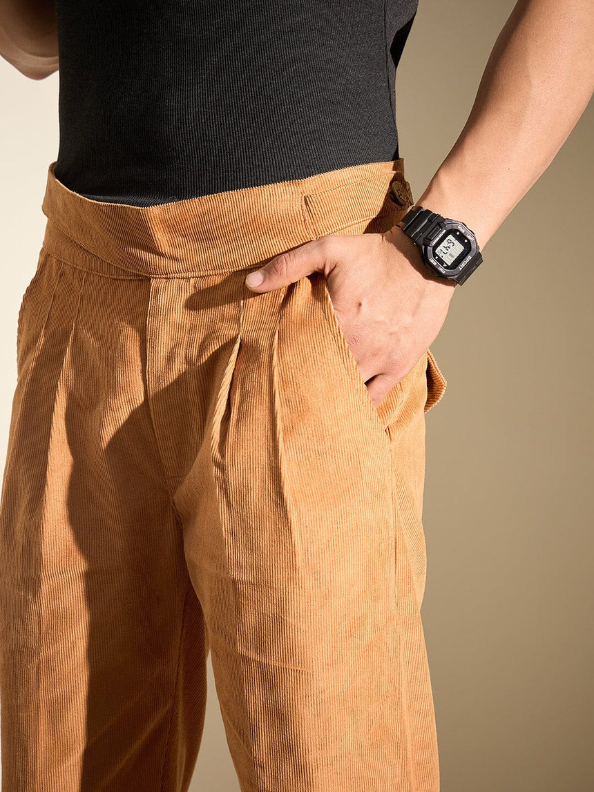 Burnt Mustard Pleated Corduroy Trousers Trousers Fugazee