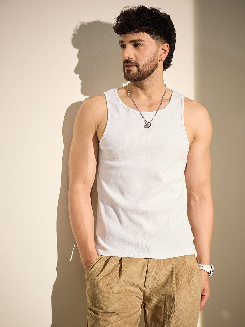 White Ribbed Muscle Fit Vest T-Shirts Fugazee