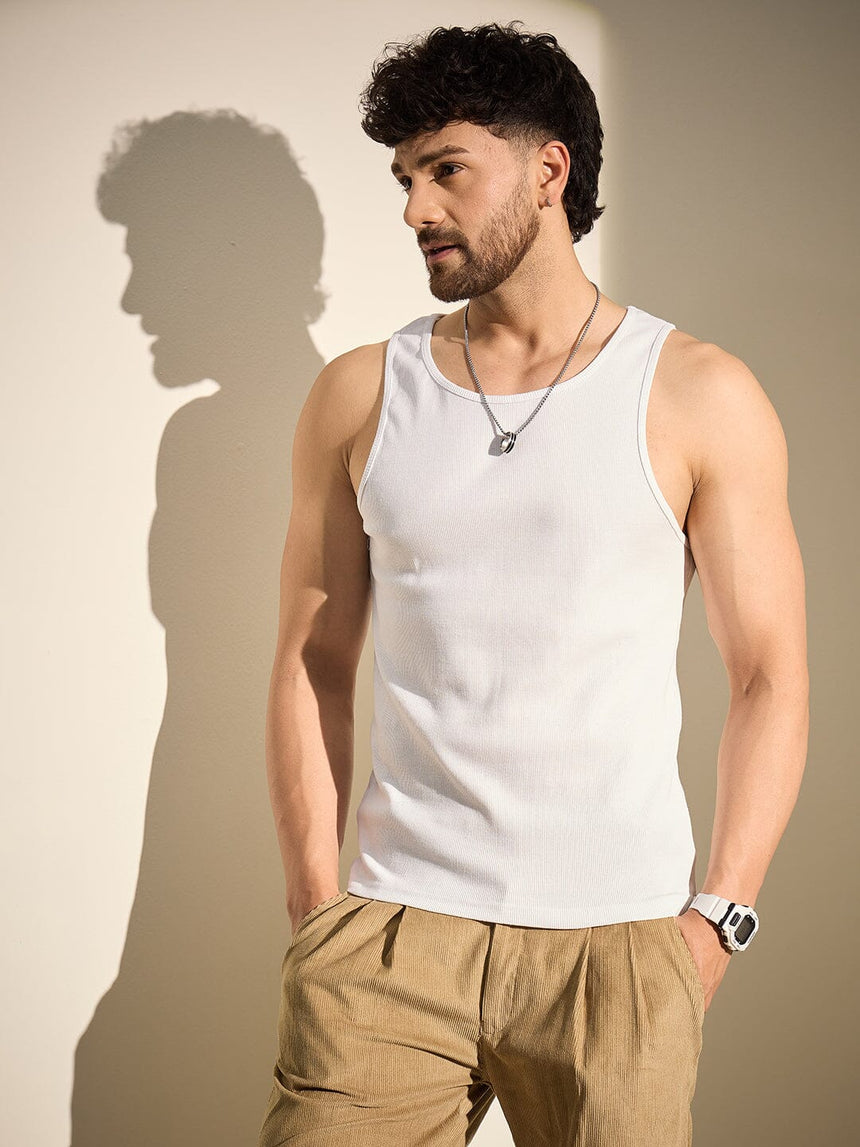 White Ribbed Muscle Fit Vest T-Shirts Fugazee