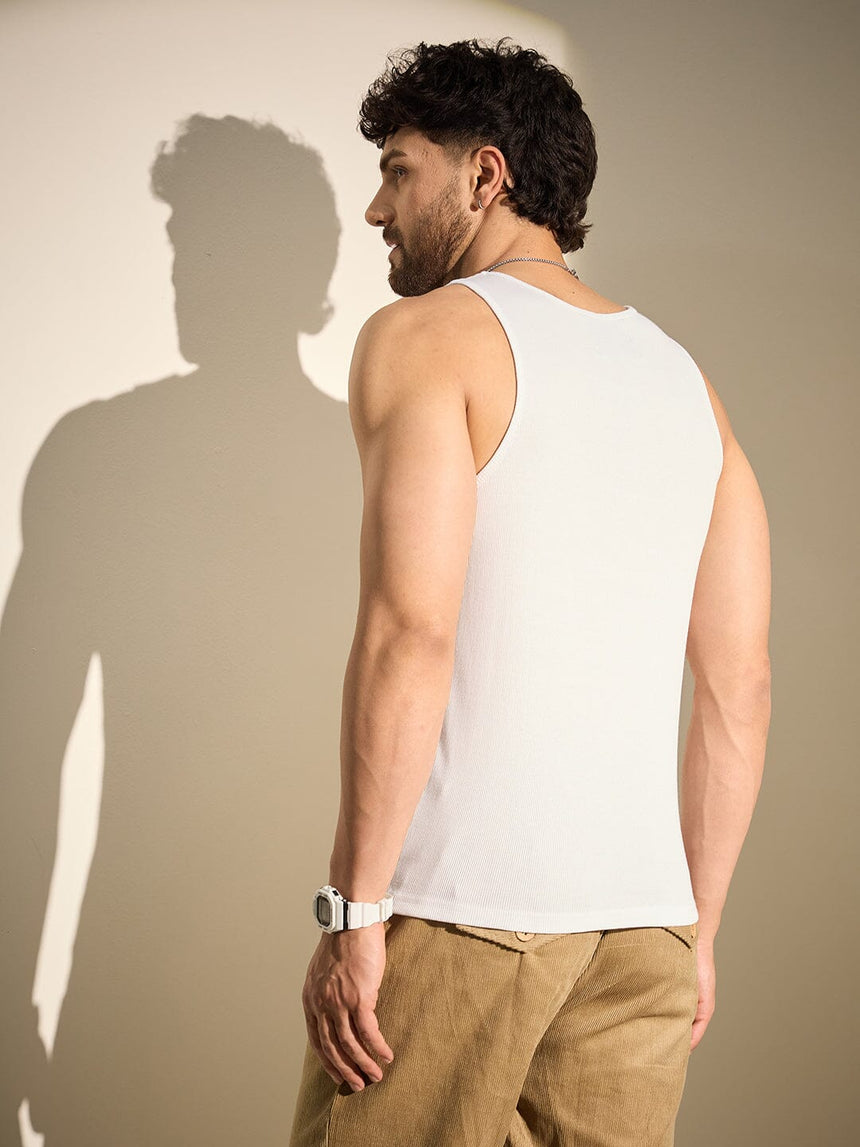 White Ribbed Muscle Fit Vest T-Shirts Fugazee