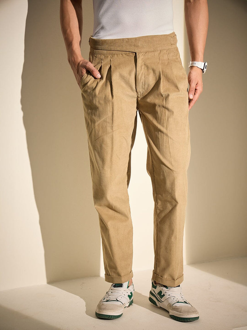 Taupe Pleated Corduroy Trousers Trousers Fugazee