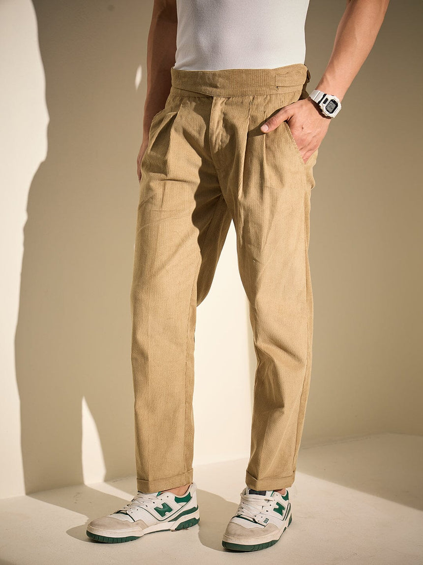Taupe Pleated Corduroy Trousers Trousers Fugazee